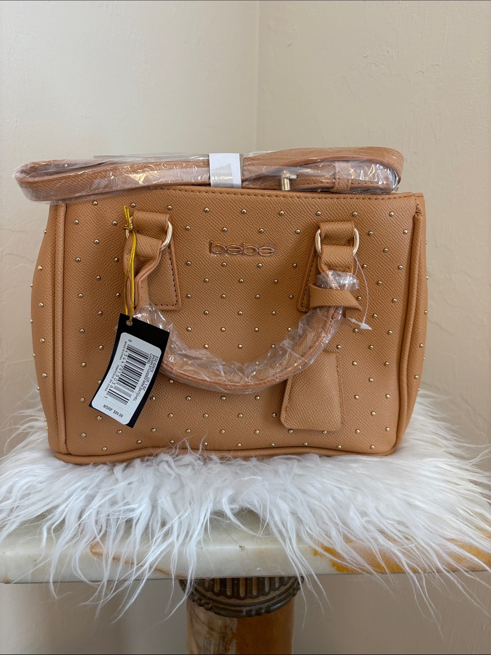 NWT Bebe Sagan Studded Mini Satchel – Camel-Adjustable Crossbody.